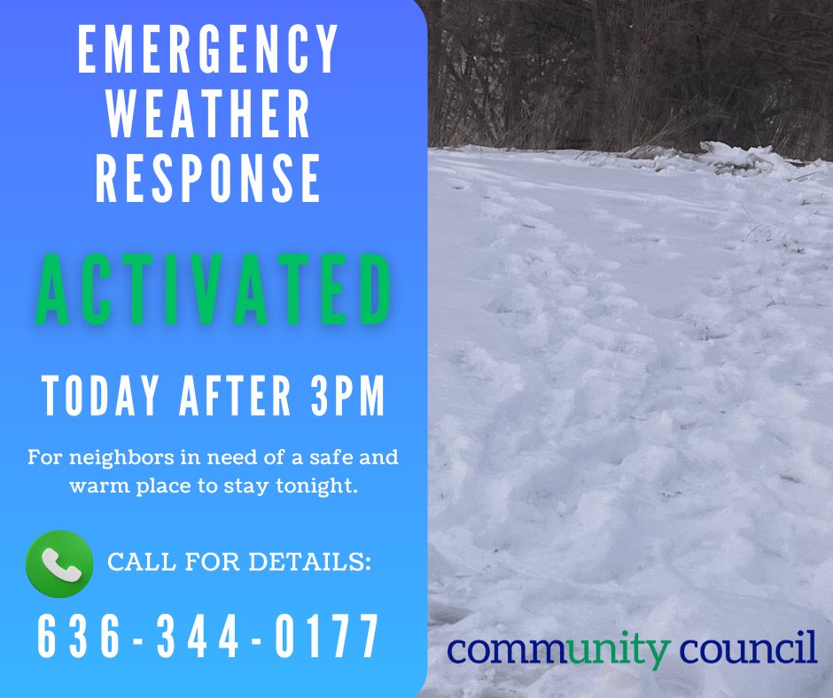 CommunitySTC's tweet image. ❄️ Emergency Weather Response is ACTIVE ❄️

Need a safe, warm place in St. Charles, Lincoln, or Warren County tonight? Help is available! 

👉 Call: 636‑344‑0177 for immediate assistance. Please share this message! 

communitycouncilstc.org/coc/emergency-…
