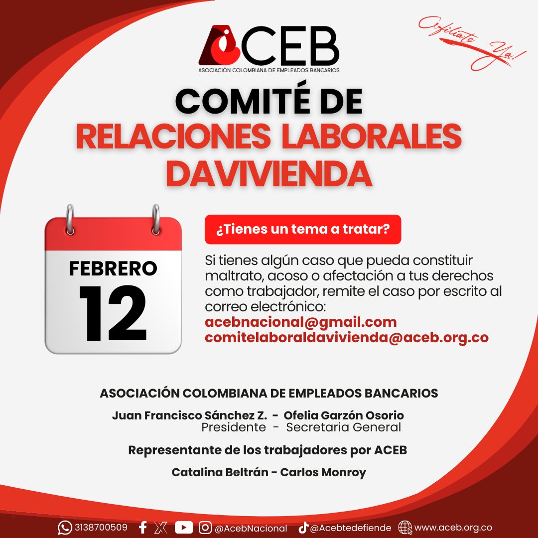Comité de Relaciones Laborales | Davivienda
📅12 de febrero
¡ACEB siempre presente!