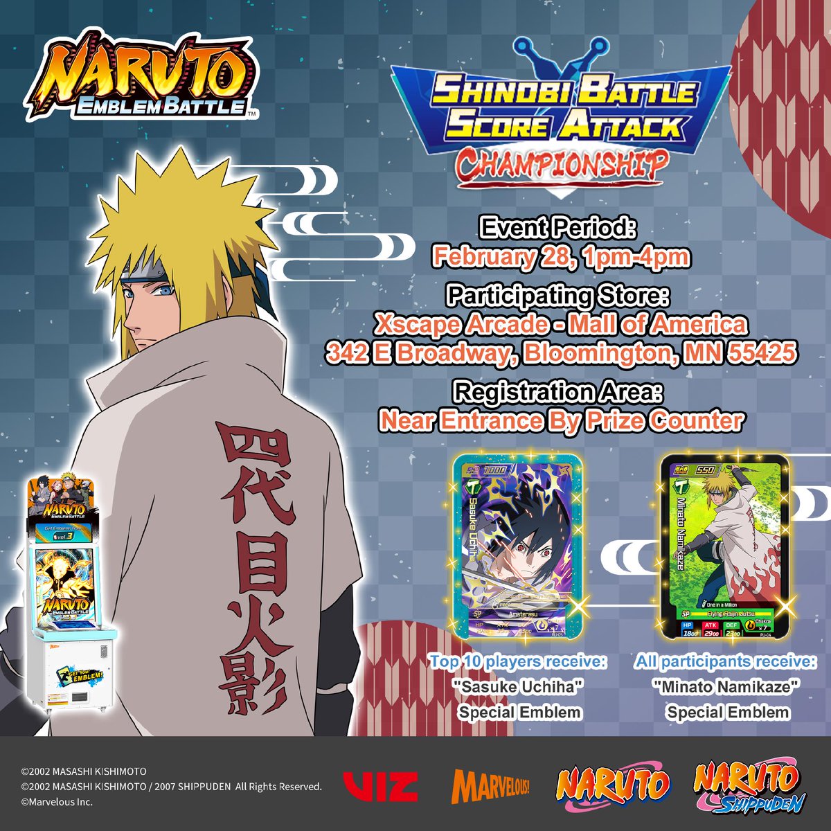 XSEEDGames's tweet image. We're bringing the #NARUTO Emblem Battle Shinobi Battle Score Attack Championship to the Mall of America this February!

Join us at the Xscape Arcade on Feb. 28 to show your skills and try to make the Top 10!

More details available on the official site here: