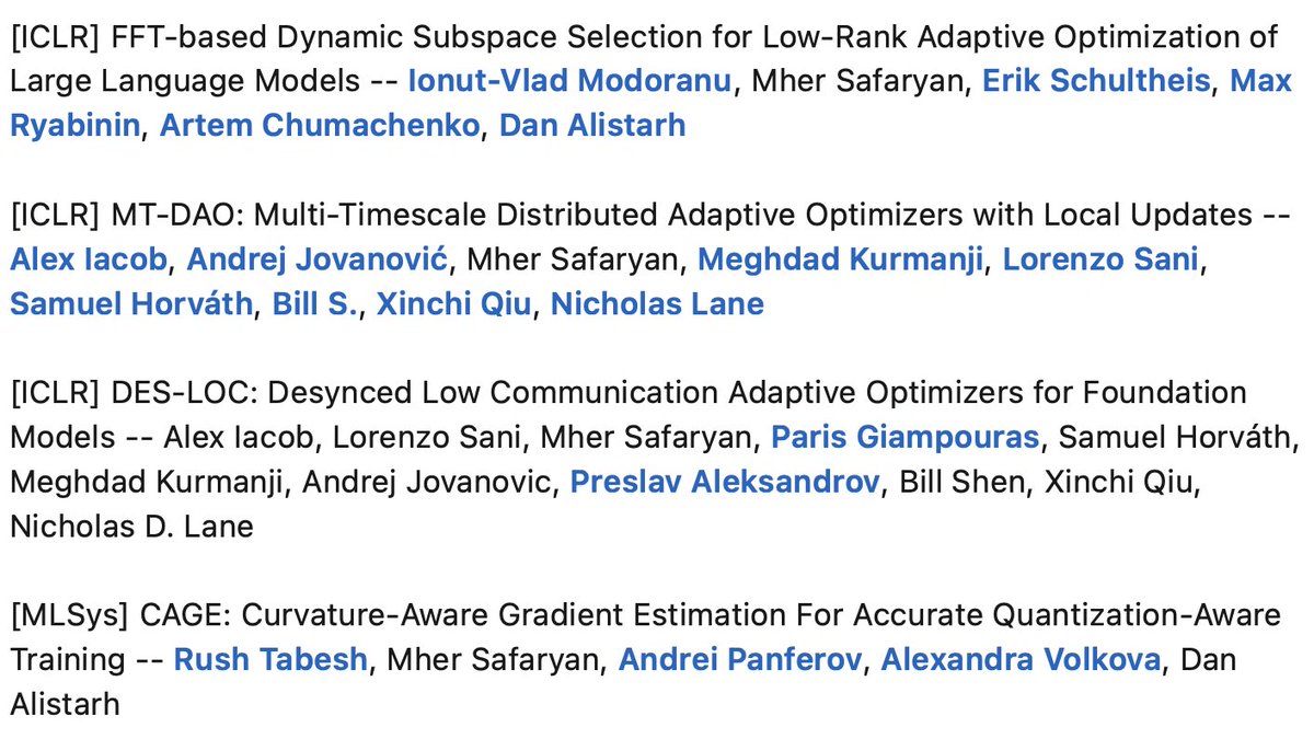 mher_safaryan's tweet photo. 4 papers accepted at #ICLR 2026 (3 papers) and #MLSys 2026 (1 paper). 🥳
Very proud to collaborate with amazing group of researchers and senior colleagues.🚀 https://t.co/00IsSVQToo
