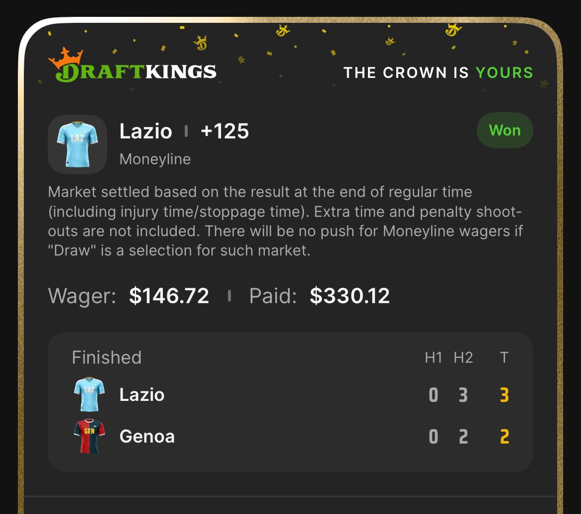 What a sweat to start the day😅 

Lazio ML +125✅

Penalty in the 98th minute for the game winner🤯