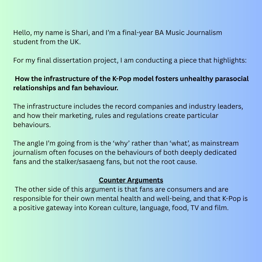 YouKnowMeSharii's tweet photo. Hi everyone! my name is Shari, and I’m a final year BA Music Journalism degree student from the UK. 🇬🇧 

My project is a multimedia project that will focus on how the infrastructure of the K-Pop model creates parasocial and obsessive behaviours within fan culture. 1/2 https://t.co/ZwvrGtjS8X
