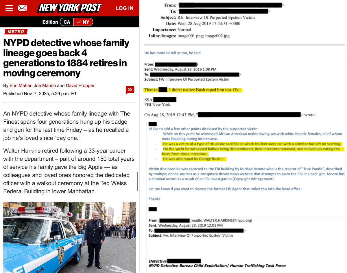 JB_Conley's tweet image. The screenshot shows an email chain dated August 28, 2019, from the joint FBI-NYPD Child Exploitation and Human Trafficking Task Force, relaying a tip about a purported Jeffrey Epstein victim. The claims in the forwarded summary are extreme and graphic—ritualistic acts on a…
