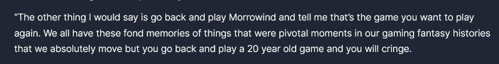It really isn't surprising one of the co-lead designers on Skyrim thinks Morrowind is cringe.