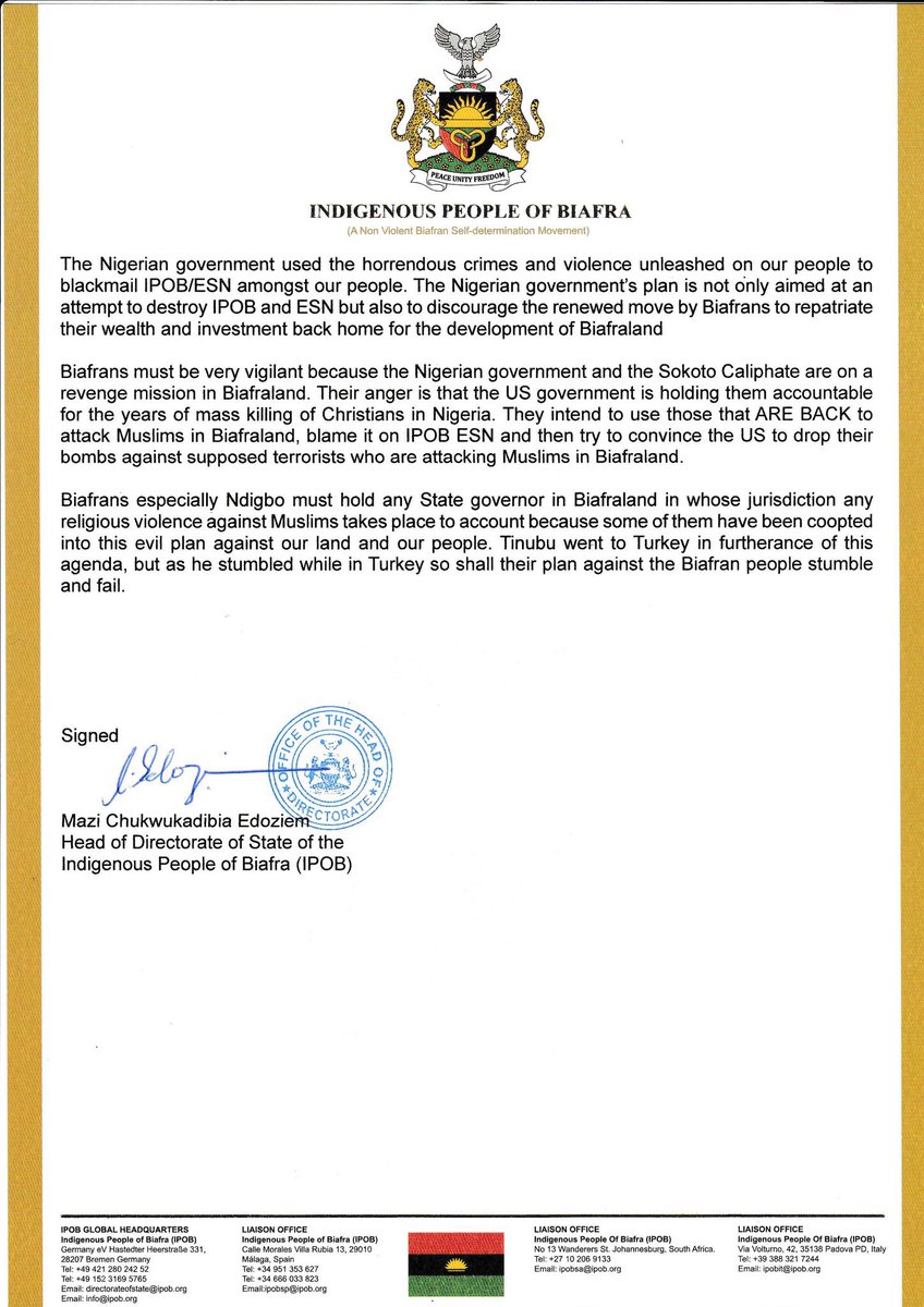 ChinasaNworu's tweet photo. ATTENTION !

From the office of 
#IPOB Head of Directorate of State {HOD} Mazi Chika Edoziem.
@radiobiafralive https://t.co/h6GAgOdUrH