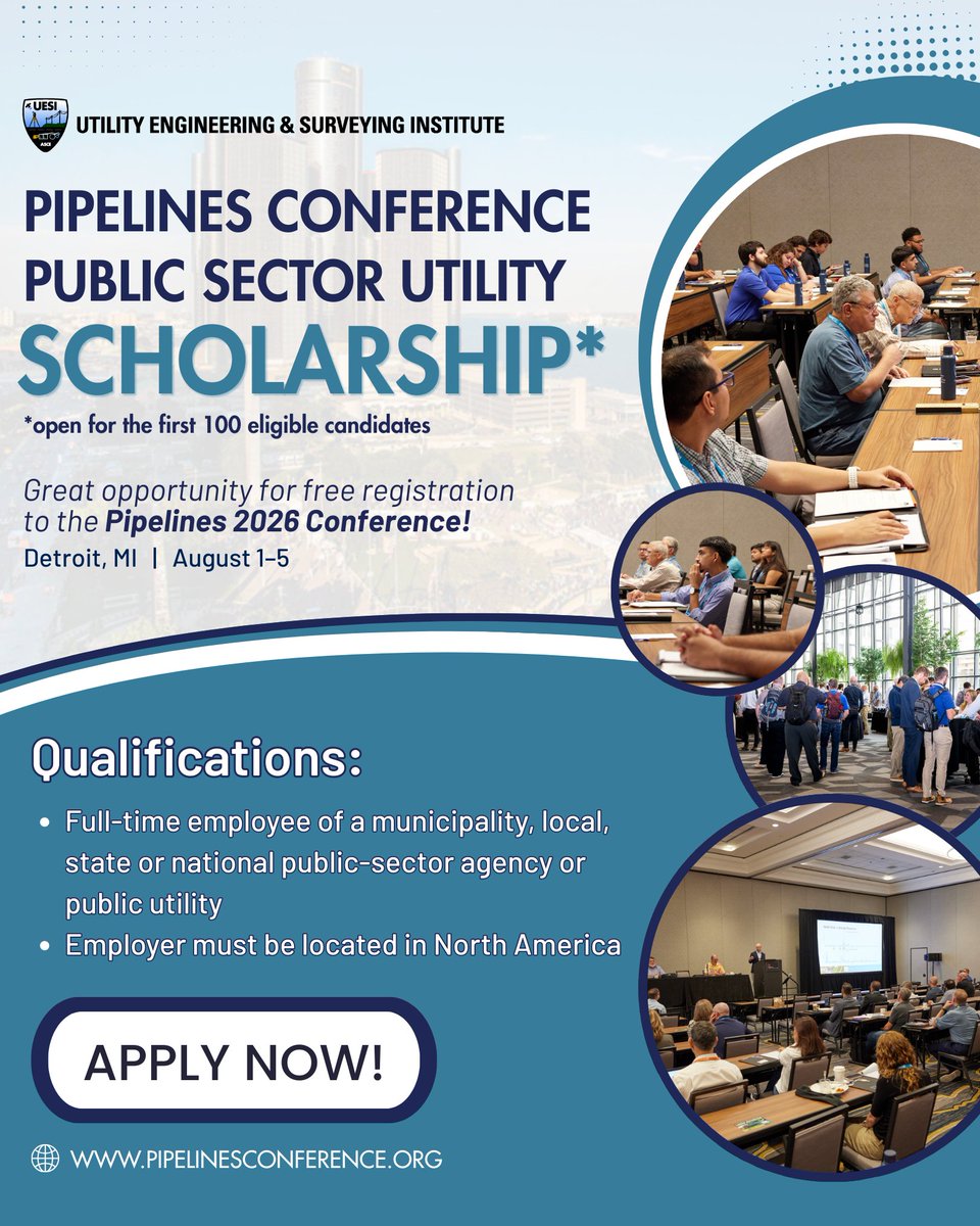 uesi_asce's tweet image. The #PipelinesConference Public Sector Utility Scholarship is officially open!
- Great opportunity for free conference registration
- Available for first 100 eligible applicants: pipelinesconference.org/registration/p…

#Pipelines2026 #UESI #CivilEngineering #PublicSector #Wastewater #Detroit