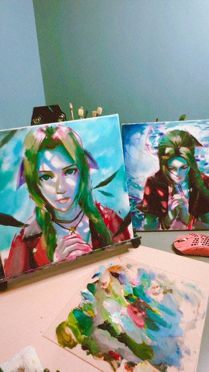 work in progress from today 🎀 
aerith in oils ✨