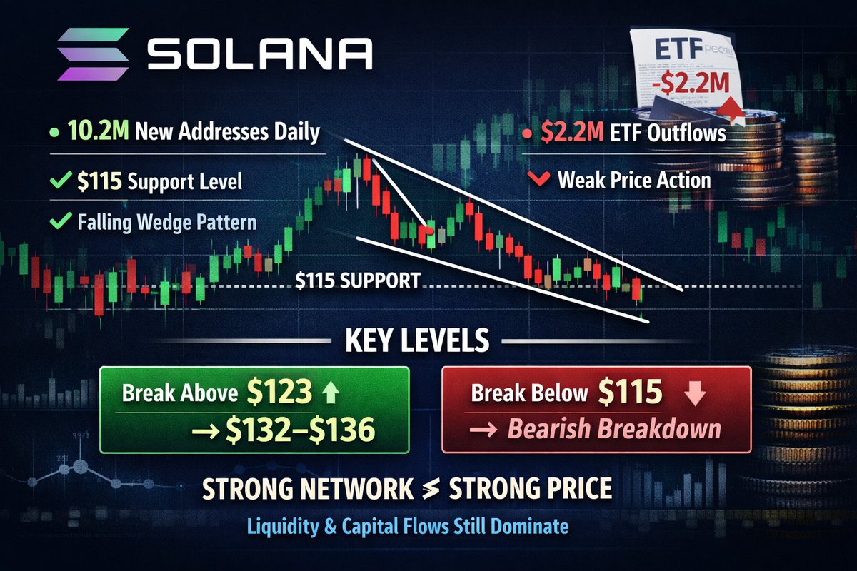 CryptoZ22859's tweet image. Solana is adding ~10.2M new addresses daily, signaling strong network activity.
Yet, price remains stuck around $115, creating a clear divergence between on-chain growth and market performance.
Technically:
$115 is holding as support
A falling wedge structure is forming…