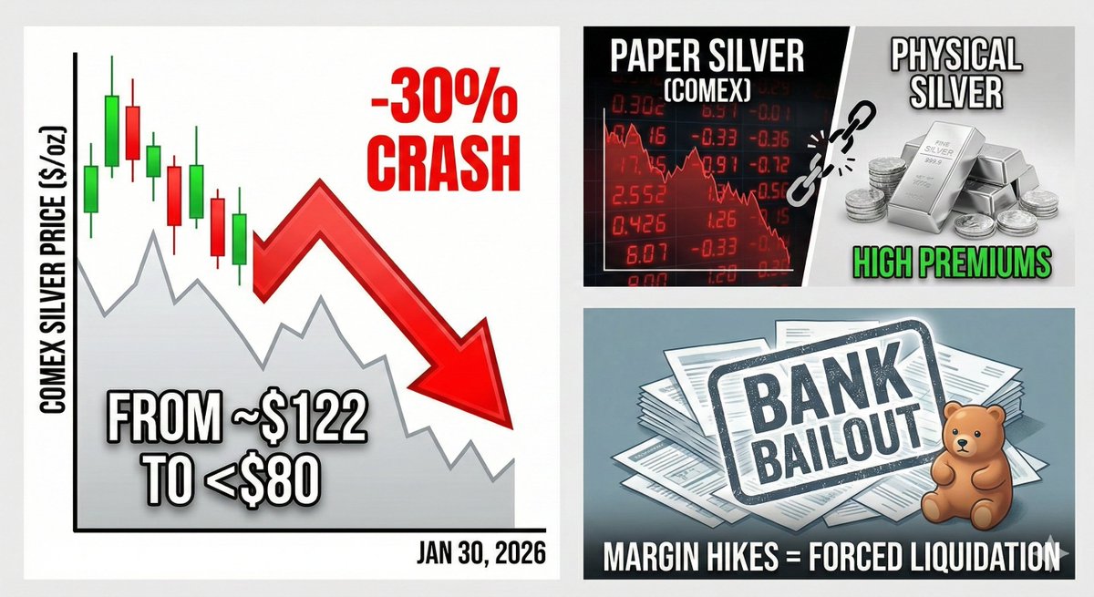 vision__forge's tweet photo. Silver didn’t just crash 30% yesterday; it was executed. 📉🚨

From $122 to <$80 in one session? That’s not natural price discovery, that’s a forced liquidation event.

OFFICIAL STORY: CME margin hikes (the "Kill Switch") flushed out the longs. 

REALITY: Bullion banks were facing insolvency above $120. They needed a bailout, and the exchange handed them a ladder.