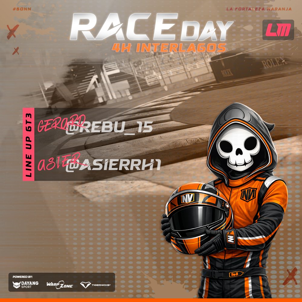 #LeMansUltimate | ¡𝐑𝐀𝐂𝐄𝐃𝐀𝐘!

🏆 | <a href="/LeMansUltimate/">Le Mans Ultimate</a>
🚗 | Mclaren 720 GT3
📌 | Interlagos - 4h
⏰ | 15:00h

𝐏𝐈𝐋𝐎𝐓𝐎𝐒
<a href="/rebu_15/">Rebu</a>
<a href="/Asierrh1/">Asier Herrador 🇪🇸</a>
 
#GoNN 🧡 · #NNsimracing