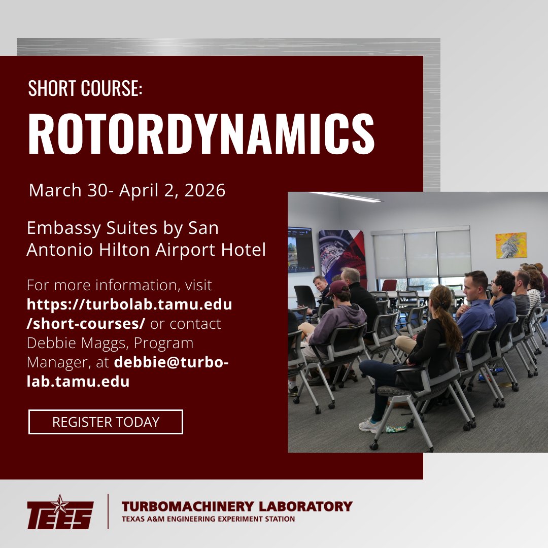 TurboLabTEES's tweet photo. Join us in San Antonio, March 30–April 2, for our Rotordynamics short course! 

Take advantage of our early bird discount and register today at https://t.co/2ceHxNZtor

#TEESTurboLab #WorkforceDevelopment #Rotordynamics https://t.co/8NyPpPJlpN