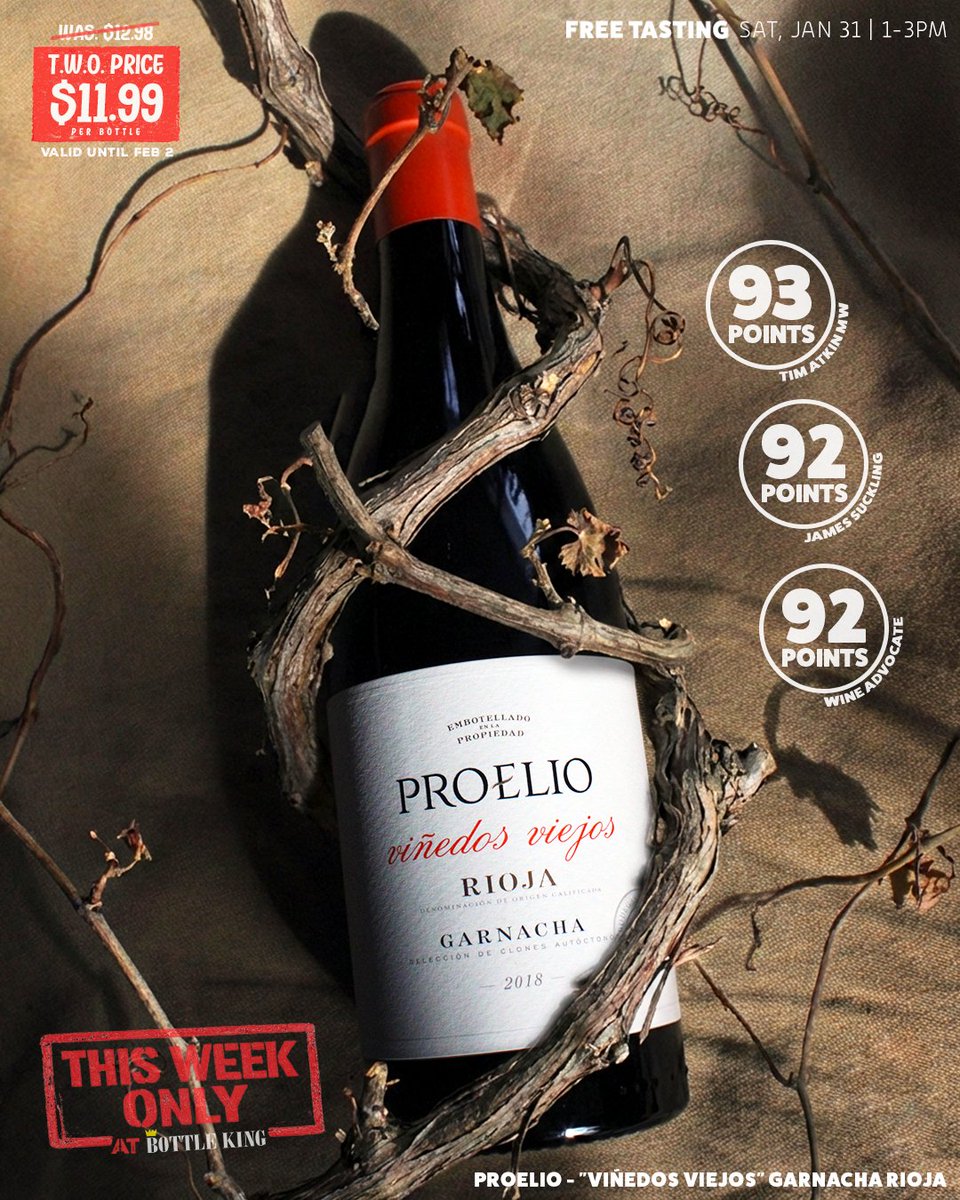 When our This Week Only deal &amp; Saturday tasting line up everyone wins!😏🍷🇪🇸

PROELIO - “VIÑEDOS VIEJOS” GARNACHA #RIOJA

🌱Old vines
🏔️High elevation
🍓Red berry &amp; floral notes

Try it for FREE! Then SAVE w/ our T.W.O. sale price ($11.99/bottle)!💰

🗓SAT, JAN 31 |🕐1-3PM