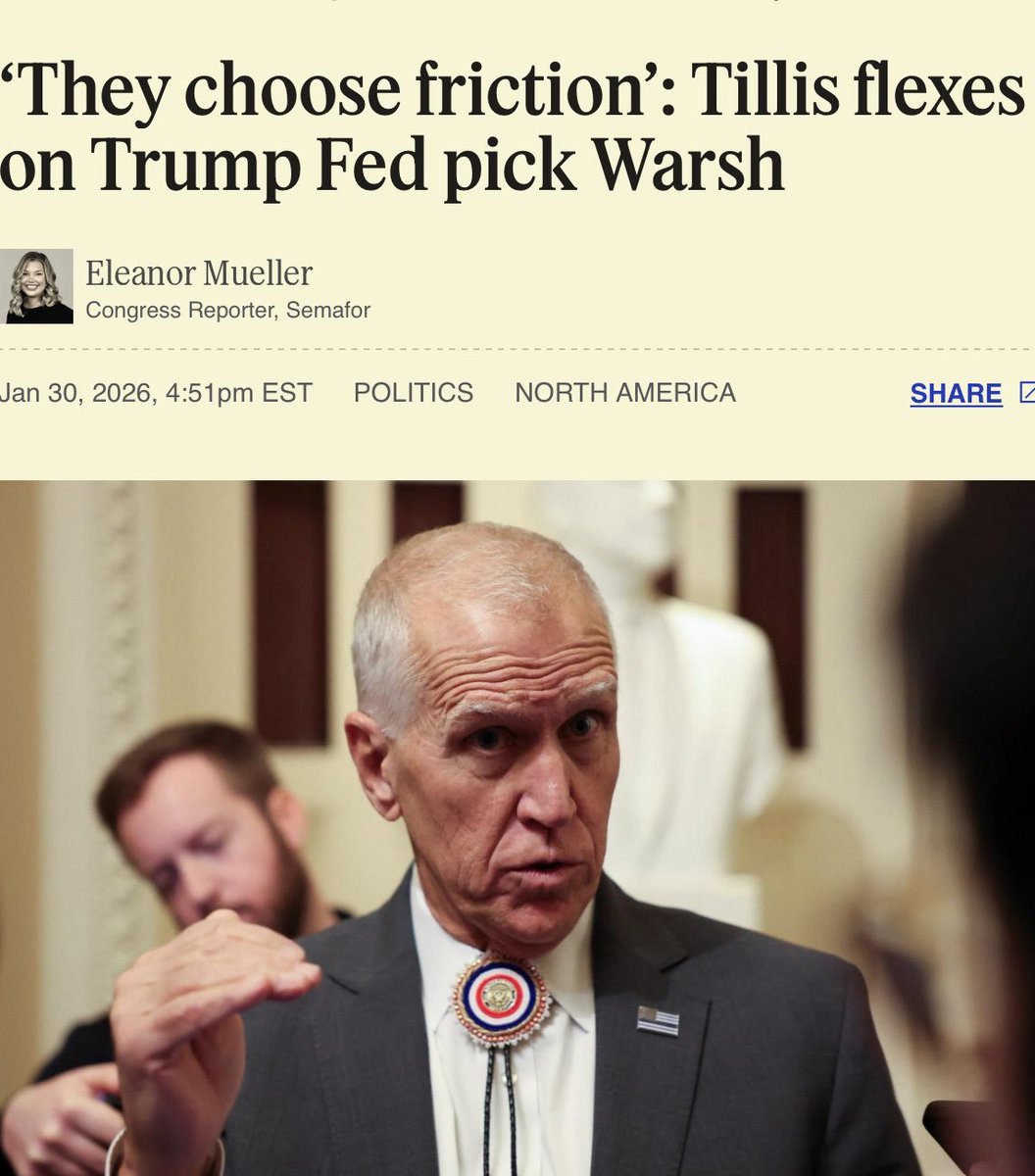 Eleanor_Mueller's tweet image. NEW: Tillis says no way GOP leaders get the 60 votes they need to bring Warsh’s nomination to the Senate floor without Tillis’ support in committee.

“They wouldn’t get 51,” he told me this PM.

Trump says he’ll just wait till Tillis is gone; Tillis warns “that Congress may or…