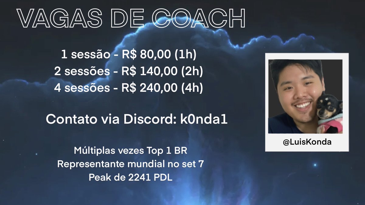 Salve!
Vieram perguntar em live se dou coach, então vou começar na semana que vem. Quem tiver interesse podem entrar em contato no Discord para mais informações.
Sou o atual TOP 1 BR, e vou estar fazendo análise de vod reviews para aprimorar a visão de jogo de vcs. 
RT's = +pdl