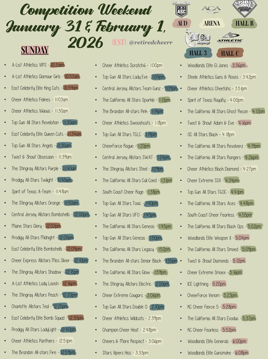 Competition weekend: January 31-February 1 (in EST)🍀
- ASC, ACA, Spirit Sports, All Out &amp; Athletic Championships
