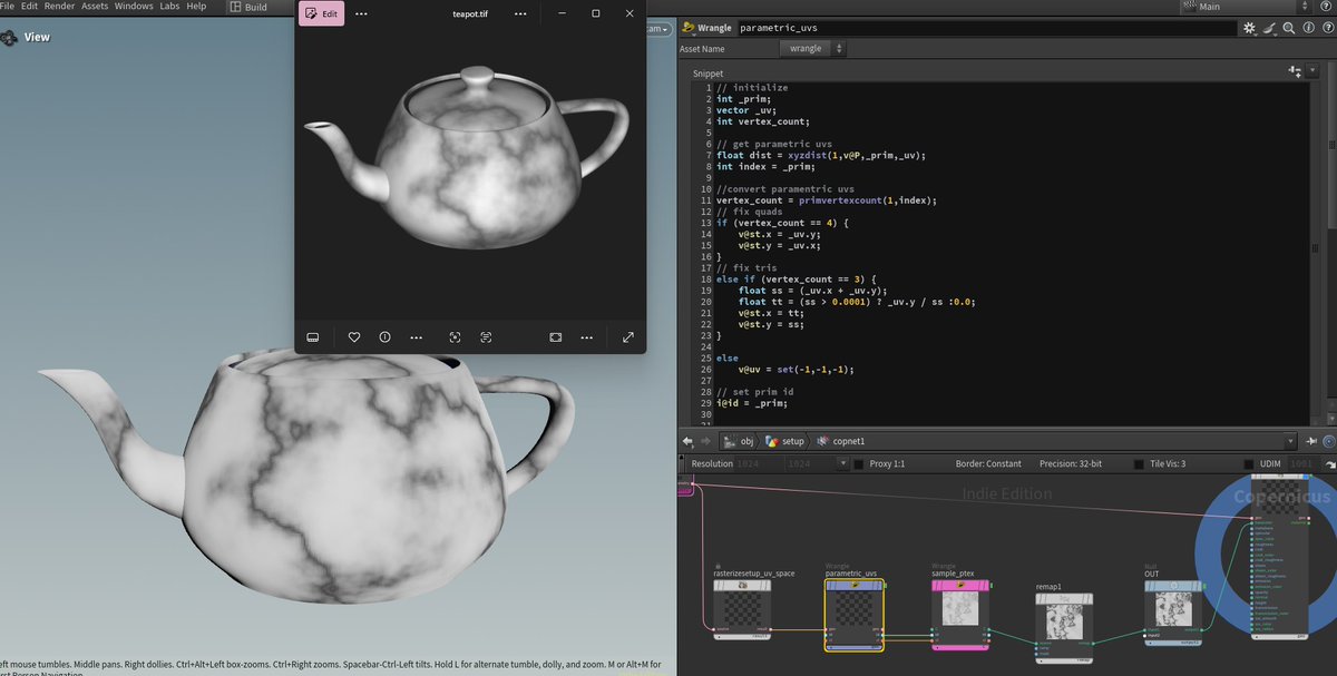 It's possible to convert ptex into image textures in COPs in #houdini For ptex to work, you need the primnum and the parametric uvs. Parametric uvs are calculated differently at SOP level vs at rendertime. ptex expects the render style parametric uvs, so you must convert.