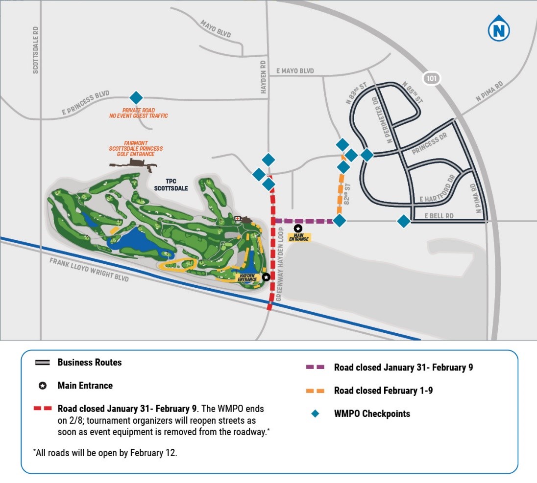 MayorBorowsky's tweet photo. To help keep traffic moving and reduce congestion during the @WMPhoenixOpen, road closures this year will mirror previous efforts along Frank Lloyd Wright Boulevard in #Scottsdale.

🚧 Street closures underway:
• Greenway Hayden Loop from Frank Lloyd Wright Blvd. to Princess Drive/Pima Road | Jan. 31–Feb. 9
• Bell Road from Greenway Hayden Loop to 82nd St. | Jan. 31–Feb. 9
• 82nd St. from Bell Road to Princess Drive/Pima Road | Feb. 1–9

🚨 Stay informed: The @ScottsdalePD is activating the #RAVE Emergency Alert System with real‑time WM #Phoenix Open updates. To subscribe, text GOLF26 to 67283.

The tournament wraps up Feb. 8, and crews will reopen streets as quickly as event equipment is cleared. All roads will be fully open by Feb. 12.