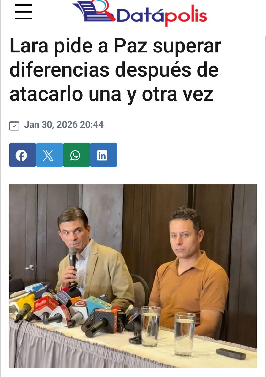 ¡Gran señal de esperanza!
El vice Lara invita al presidente Rodrigo Paz a dialogar: errar es humano y Bolivia está por encima de todo.
La reconstrucción nacional necesita de todos. ¡Aplaudamos este gesto valiente de acercamiento y unidad! Juntos, Bolivia puede prosperar de verdad