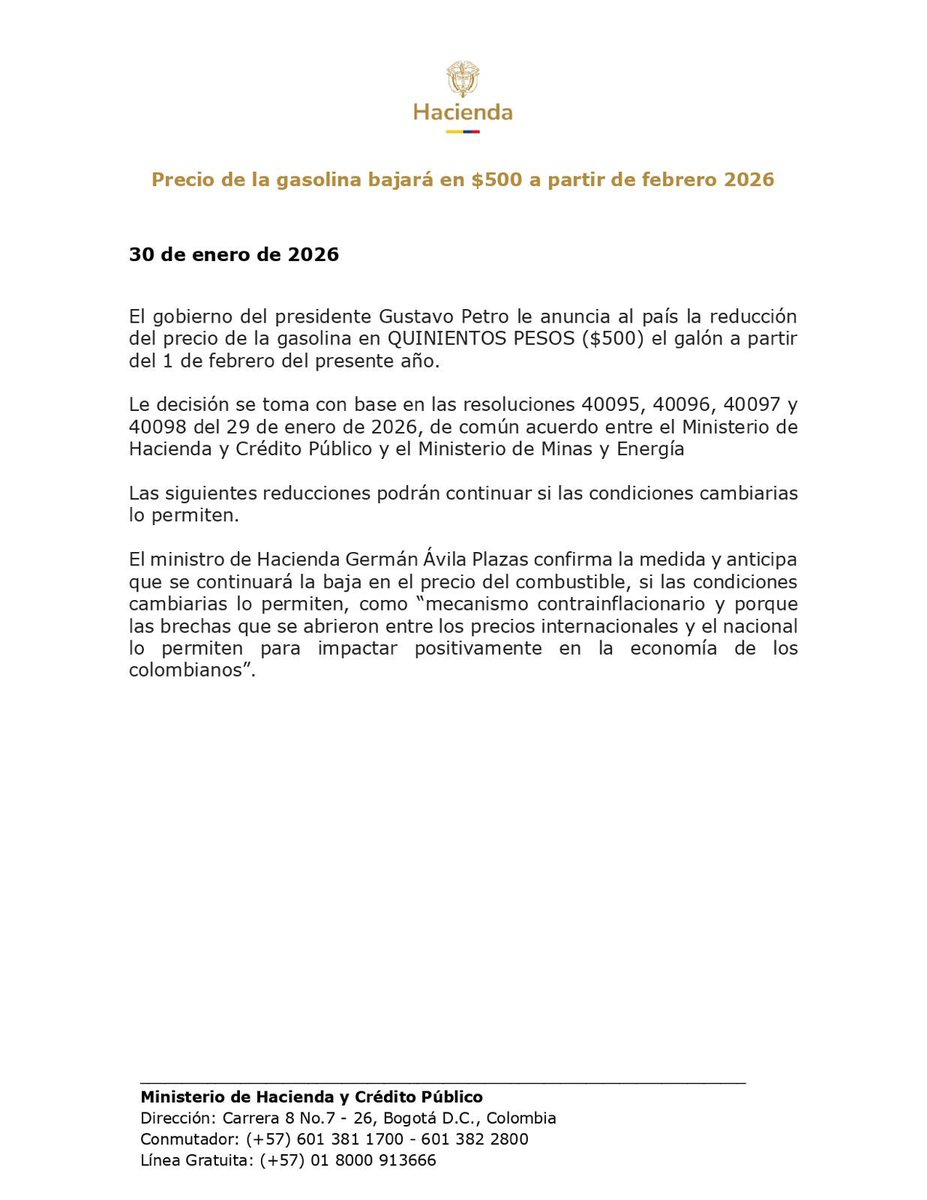 A partir del domingo 1 de febrero baja 500 pesos el galón de gasolina en #Colombia. Así lo anunció el gobierno de #Petro. En lo que va de 2026 la reducción en el precio del combustible es de $700. #Gasolina #Bucaramanga #Santander #Vehículos #Gasolina