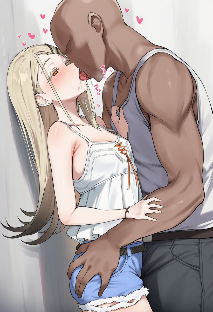 【お題箱】
篠澤 広が横向きの姿勢で壁にもたれ、体が軽いため褐色肌の男性に抱き上げられながらキスをしている。

元文↓
Hiro Shinosawa in a sideways position leaning and on the wall, being carried because she's light in weight and kissing a dark skin man

request thank you😘💕 