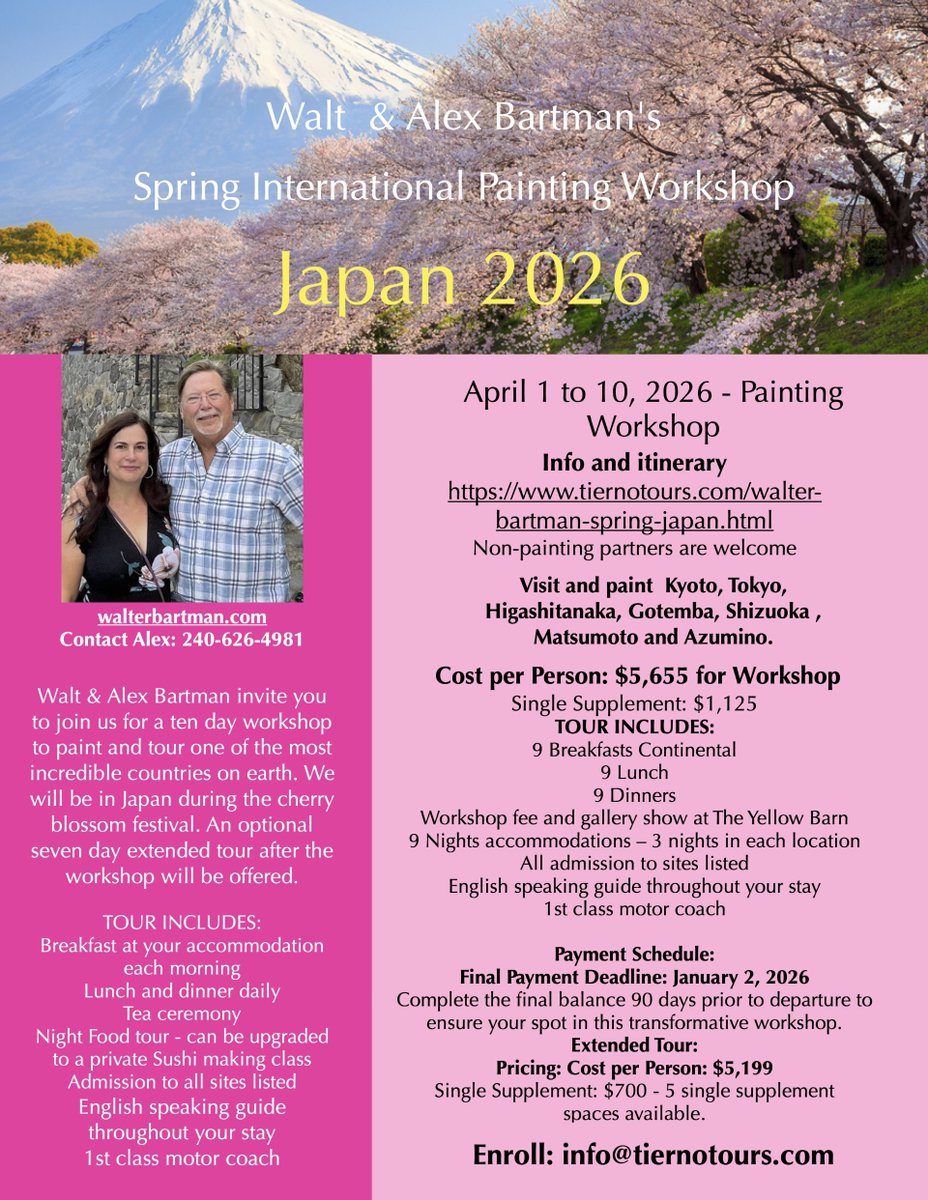 yellowbarnstud1's tweet photo. Hi,  one participant cancelled, so I have 1 space for the April 1-10 Japan Workshop. I need to fill it by next Friday or lose the room. Interested? Let me know ASAP...or contact alex 240-626-4981...
Video to watch...
https://t.co/rbjx7CxxDc
Hope you can join us....Walt https://t.co/Esk2PWTFuI