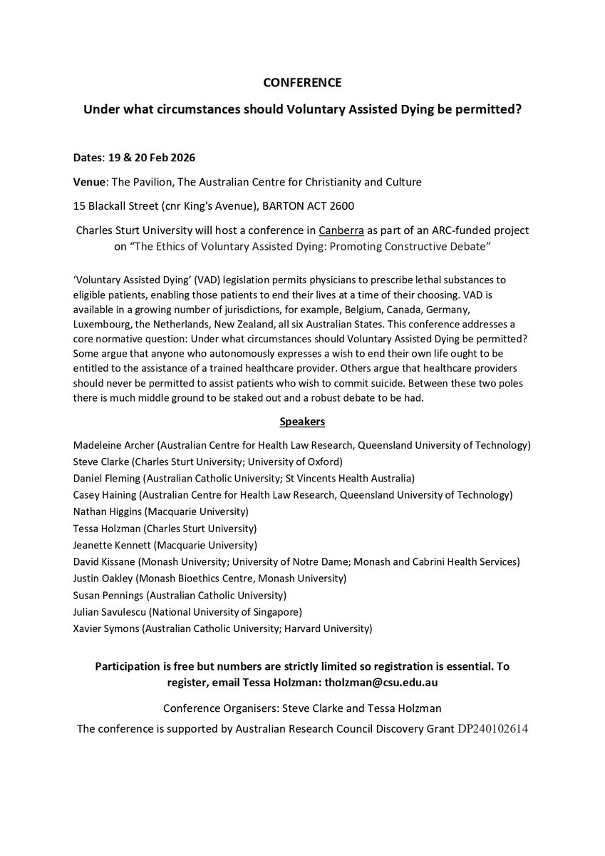 Plunkett members Xavier Symons (Director) and postdoctoral research fellow Susan Pennings to speak on Voluntary Assisted Dying, Feb 19-20, Canberra.