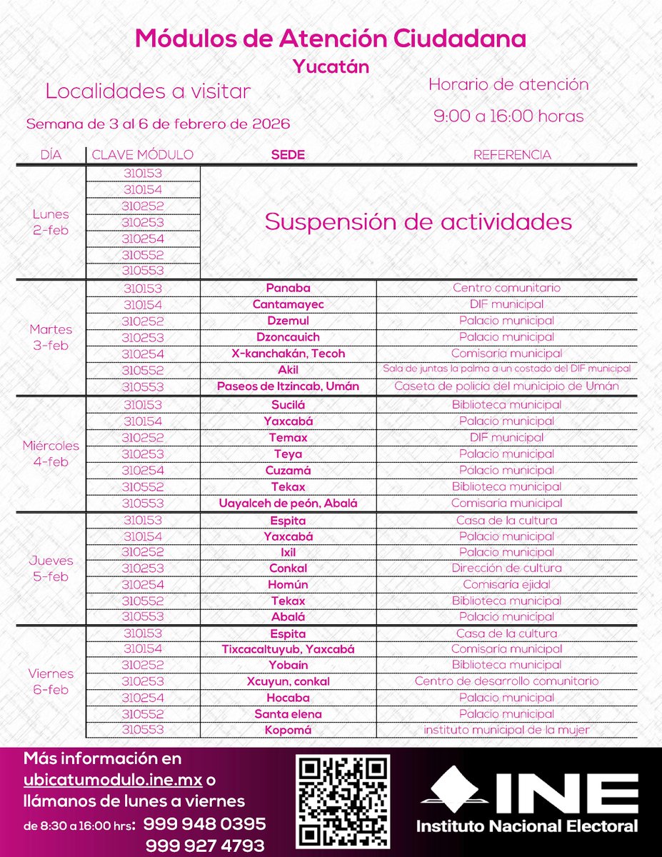 INEYucatan's tweet photo. 🚨Atención: #Panabá, #Cantamayec, #Dzemul, #DZONCAHUICH, #xcanchankan, #Akil, #PaseosdeItzincab, #Sucilá, #Yaxcabá, #temax, #Teya, #Cuzamá, #Tekax y #uayalcehdepeon, el #INE #Yucatán te visitará del 3 al 6 de febrero de 2026. Presenta la documentación adecuada. https://t.co/s2HaWj7RhF