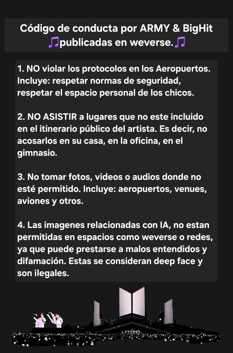 Anixfc13's tweet photo. ✨️PROTEJAMOS A BTS✨️
CON el comeback, DEBEMOS refescar las Normas de conducta que debe seguir ARMY ♾️Amar a BTS también es respetar y tener una experiencia llena de amor sano♾️ 1/5

#ARIRANG_WorldTour
#ARMYprotectBts
#BTSComeback2026
#DiNoALaReventaARMY
#BTSARMY https://t.co/Jpv5bW5BcB