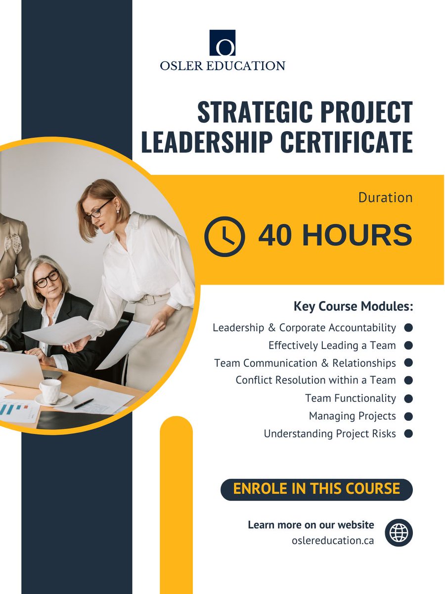 OslerEducation's tweet photo. Lead with confidence. Deliver with impact. Earn your Strategic Project Leadership Certificate in just 40 hours and strengthen the skills that drive successful teams and projects.

---
Osler Education
+1 877-520-5566
info@oslereducation.ca
https://t.co/36KHLB8LA9 https://t.co/mRTWVEnebN