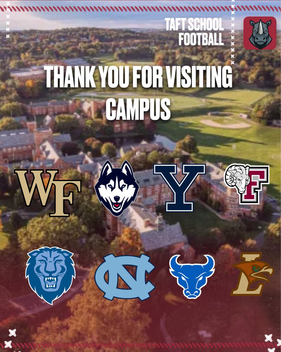 TaftFootballCT's tweet photo. A special thank you to @CoachCandle for visiting campus. We are excited to build a partnership together! 🦏🆙 @CoachBenChapman 

@UConnFootball &amp; @yalefootball 🏠 of 🦏🐐 @Juicebe11 &amp; @GroomsNolan

Thank you! @WakeFB @UNCFootball @FORDHAMFOOTBALL @UBFootball @LehighFootball https://t.co/jDyREvLoqh