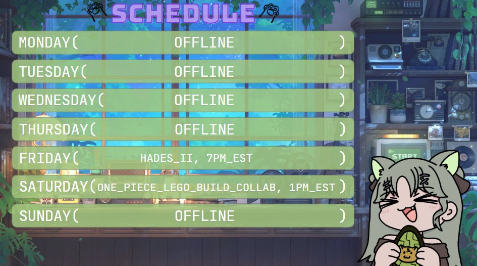 Oh whaatt ( ˶°ㅁ°) !! It's Friday already and I never posted my schedule???? hehe oopsies 

We're playing Hades II tonight :3 and tomorrow we will be building the One Piece Going Merry lego set with <a href="/MyWackyBrain/">My Wacky Brain</a> &amp; <a href="/OtakoTan/">☆ Otako🐙📣 o̶c̵t̴o̷p̸u̷s̷ vtuber ☆</a> ♡♡♡♡