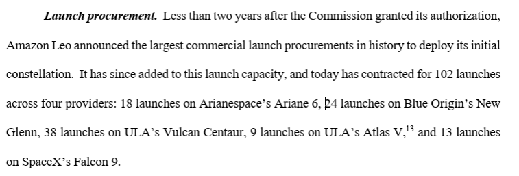 Some launch news from <a href="/Amazonleo/">Amazon Leo</a> - the Amazon sat business has hired SpaceX to conduct 10 more flights for it, per a new FCC filing. Business also now listing 24 flights with Blue Origin (started with a dozen launches + options) -