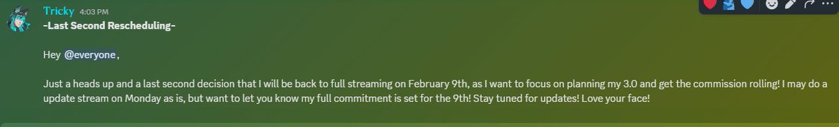 Just a quick update:

Gonna push back my full return to one week on Feb. 9th! Got some plans I want to get done! Abwahs!