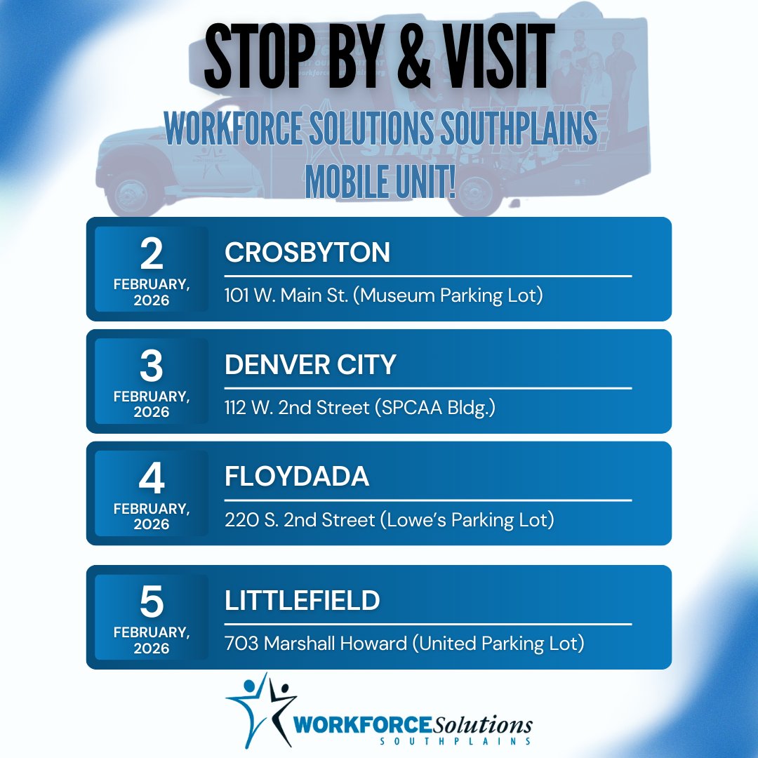 This week, our Mobile Unit is coming to Crosbyton, Denver City, Floydada, and then to Littlefield, bringing life-changing career opportunities right to your doorstep.
 #WorkforceSolutionsSouthPlains #CareerSupport #JobSearch #CrosbytonTX #DenverCityTX #FloydadaTX #LittlefieldTX