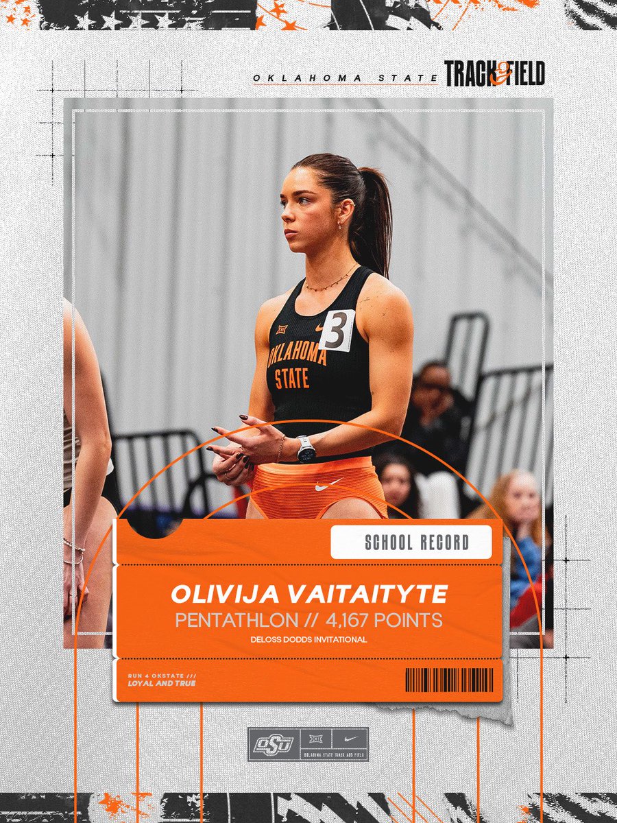 run4okstate's tweet photo. FIRST SCHOOL RECORD OF THE WEEKEND IN THE VERY FIRST EVENT‼️

Olivija Vaitaityte breaks her own school record in the Pentathlon with 4,167 points to open the weekend 🤠

#GoPokes I #run4okstate https://t.co/fEICqJfXmJ