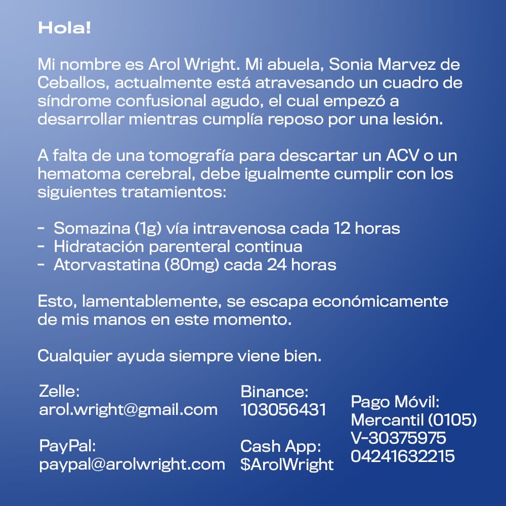 Mediqiam's tweet photo. Por favor, cualquier ayuda es bien recibida. Se trata de mi suegra. https://t.co/XF54jiZOsX