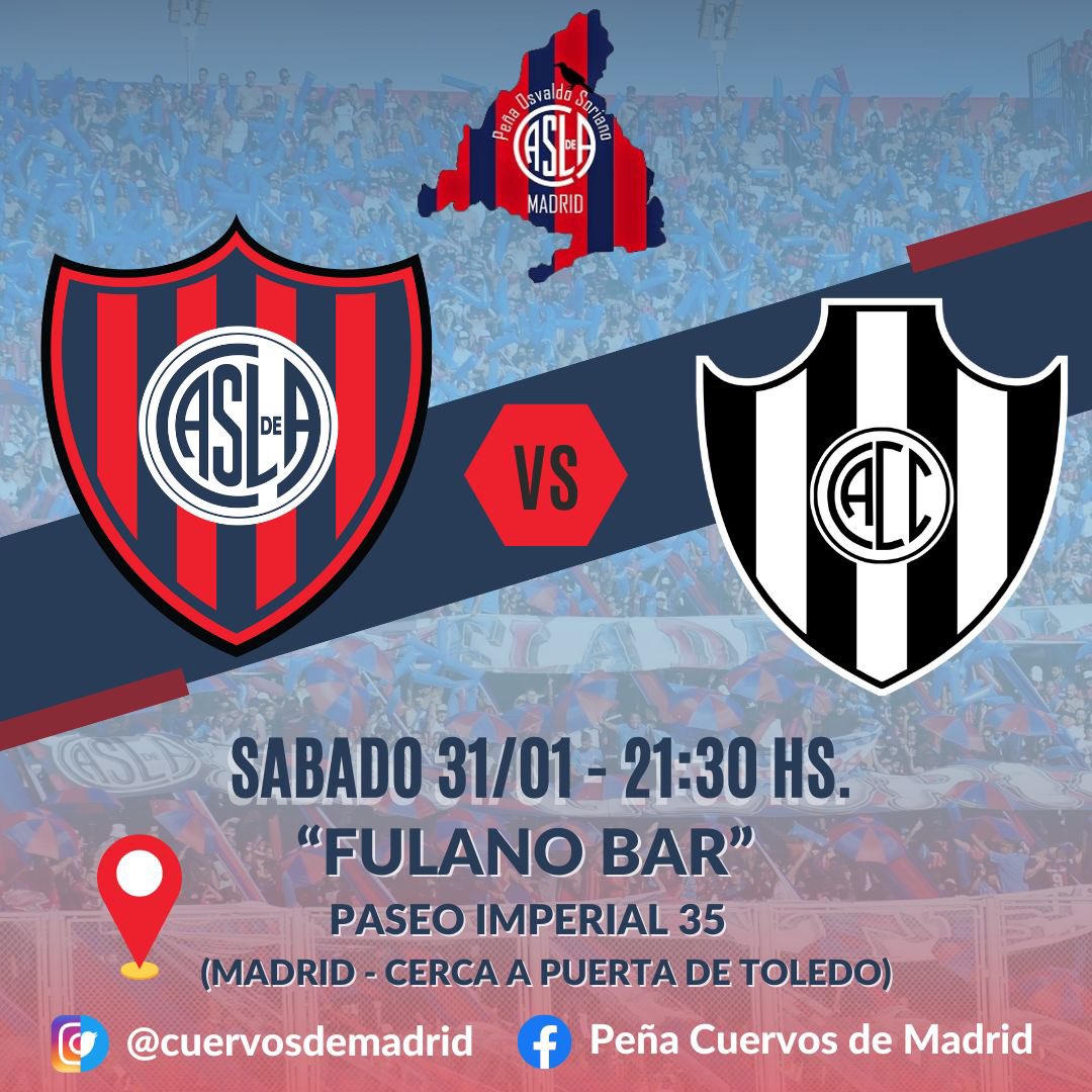 El sábado nos juntamos a ver el partido contra Central Córdoba. Si estás por Madrid ¡Te esperamos!

🗓 31/01
🕖 21.30
🆚  Central Córdoba 
🍻 <a href="/FulanoRestoBar/">Fulano</a> 
📍 Paseo Imperial, 35
🚇 Puerta de Toledo - Línea 5

#DeBoedoAlMundo
#SanLorenzo
