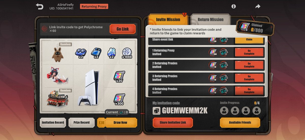 ASHxFireFly's tweet image. My invitation code: GUEMWEMM2K
Invite your friends to link an invitation code and return to Zenless Zone Zero to earn up to Polychrome ×740! Join the lucky draw for a chance to win gaming consoles, figures, merchandise, and Polychromes!
hoyo.link/jtFJX60gz?s_c=…
#ZenlessZoneZero