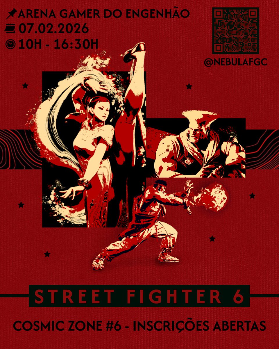 HERE COMES A NEW CHALLENGER! 🥊

Vai rolar torneio de Street Fighter 6 no Cosmic Zone #6 - contamos com a presença de todos!

⚠️ As inscrições estarão abertas até o dia 5 de fevereiro, quinta-feira. Não deixe pra última hora!