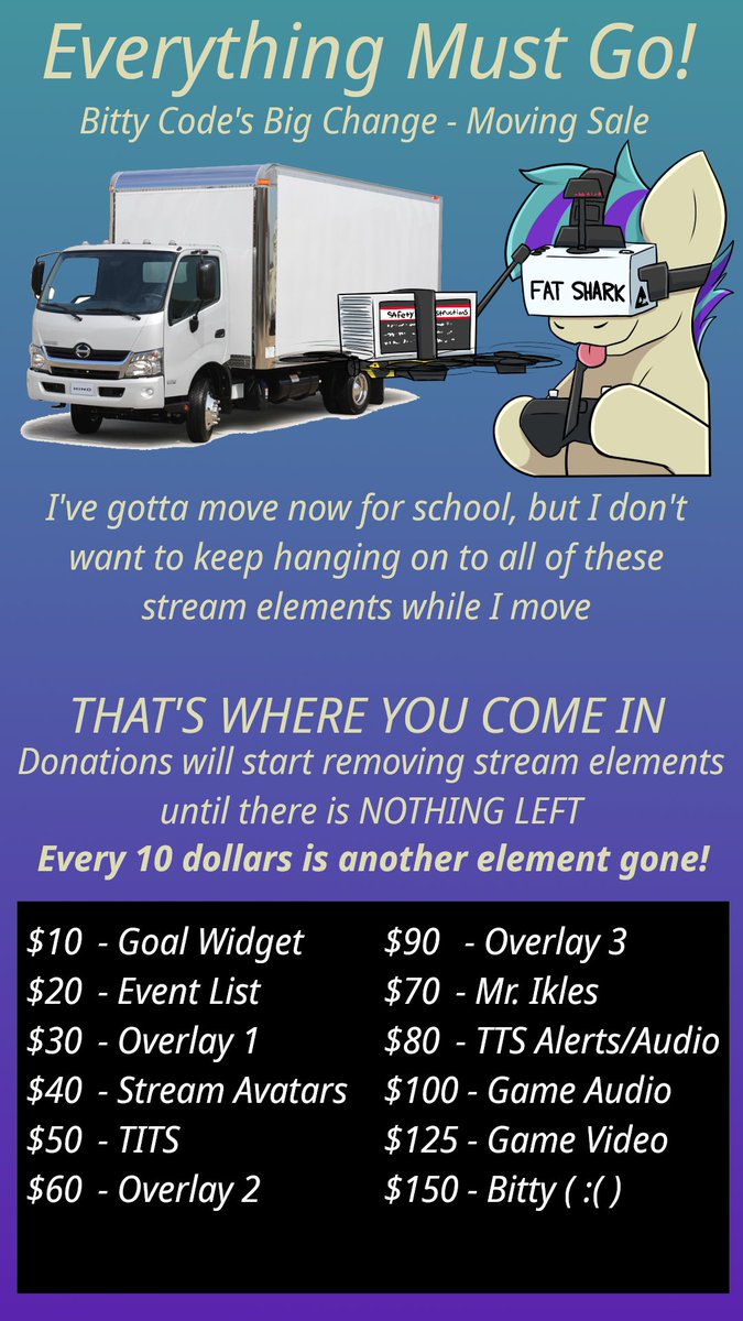 ALRIGHT EVERYPONY, ISH TIME!  ISH TIME TO GET READY TO MOVE!  I don't have a lotta room in dis truck, so starting TOMORROW AT 12:00 EST, am gonna be SELLING OFF MY STREAM!

I shall keeps streamin until there is nothing left, or until I hit 8 hours!

twitch.tv/bittycode