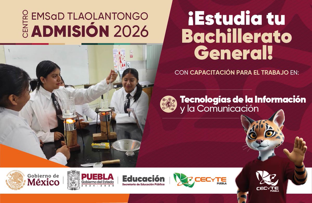 EMSADTL's tweet photo. 🎓📢 Estudiantes de 3° de secundaria:
📅 3 de febrero inicia el Proceso de Admisión 2026.
📌 ¡Solicita tu ficha y asegura tu lugar!
Comparte y dale ❤️
#PorAmorAPuebla #PensarEnGrande #CECyTEPuebla #HazloEnGrande https://t.co/IDHx9zNnf3