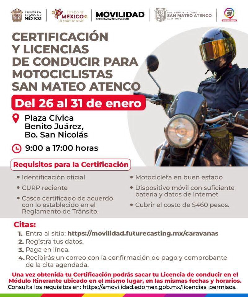 SanMateoAGob's tweet image. 🛵🏁 Mañana último día para certificarte como motociclista📄 y obtener tu licencia de manejo 🪪.
Acude al módulo itinerante que estará en el 📍 Andador Miguel Hidalgo, Bo. de San Nicolás, de 9 a 17 h.
Por tu seguridad, #RuedaSeguro. 🏍️
#UnidosSí, #UnidosSiempre.