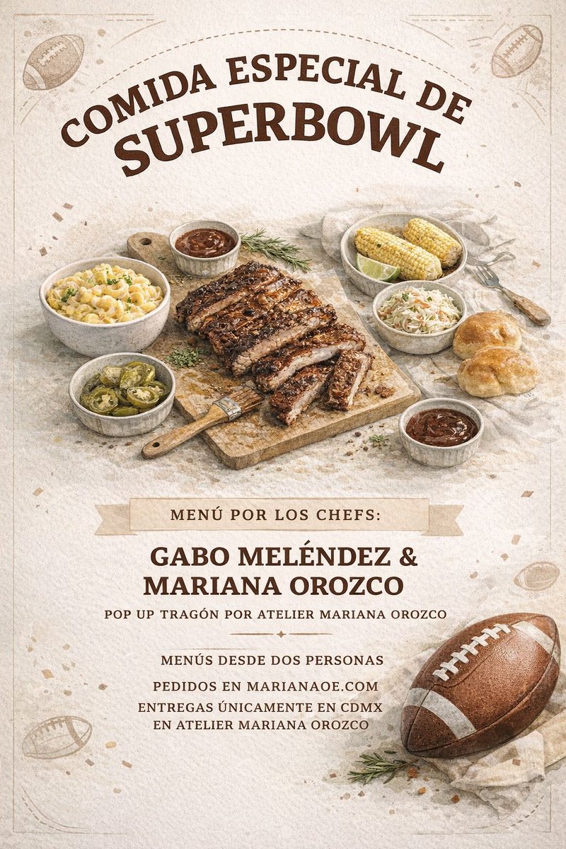 El fin del Superbowl tendré el honor de que el chef Gabo de Mel's BBQ viene a cocinar conmigo. Les dejo los menús que planeamos pa ese fin.
Hay menús desde 2 personas hasta 8, así que pueden armar sus paquetes como quieren.
Pueden comprarlos directos acá:
marianaoe.com/comidasuperbowl