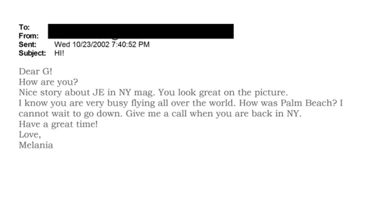 MeidasTouch's tweet image. This appears to be a very friendly email from Melania to Ghislaine Maxwell: