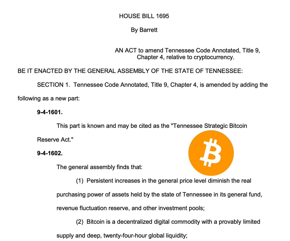 🇺🇸 米テネシー州の州議会議員 Jody Barrett 氏が、 「Tennessee Strategic Bitcoin Reserve」  （テネシー州のビットコイン戦略準備金）を創設する法案を提出。 （詳細は画像ALTにて）