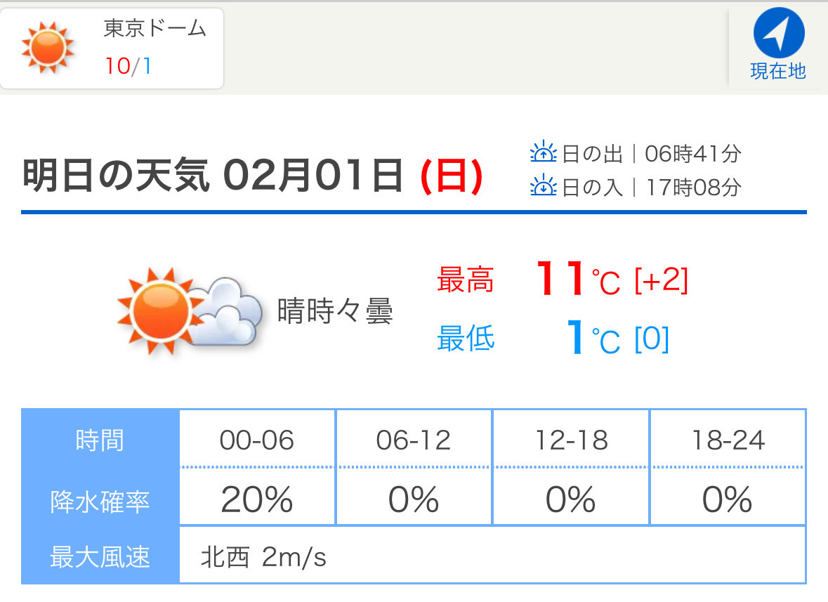 🌈FRUITS ZIPPER Road to東京ドーム🌈 明日の東京ドーム周辺の天気予報