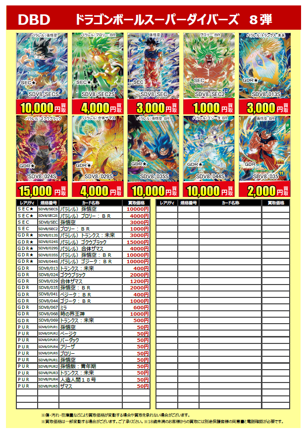 買取表更新】 #ドラゴンボールスーパーダイバーズ 最新弾 8弾