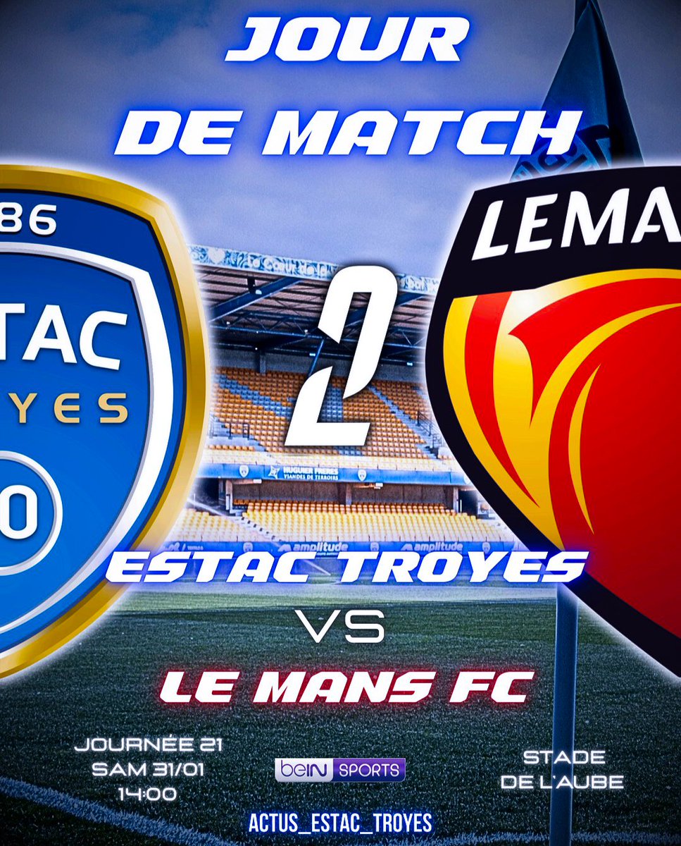 ACTUS_ESTAC_10's tweet photo. 📅 𝐉𝐎𝐔𝐑 𝐃𝐄 𝐌𝐀𝐓𝐂𝐇 !

⚔️ @estac_officiel vs @LEMANSFC
📆 Sam 31/01
🏟️ Stade de l'Aube
🕑 14:00
🗓️ Journée 21
🏆 @Ligue2BKT 
📺 @beinsports_FR https://t.co/ce5mg22qKU