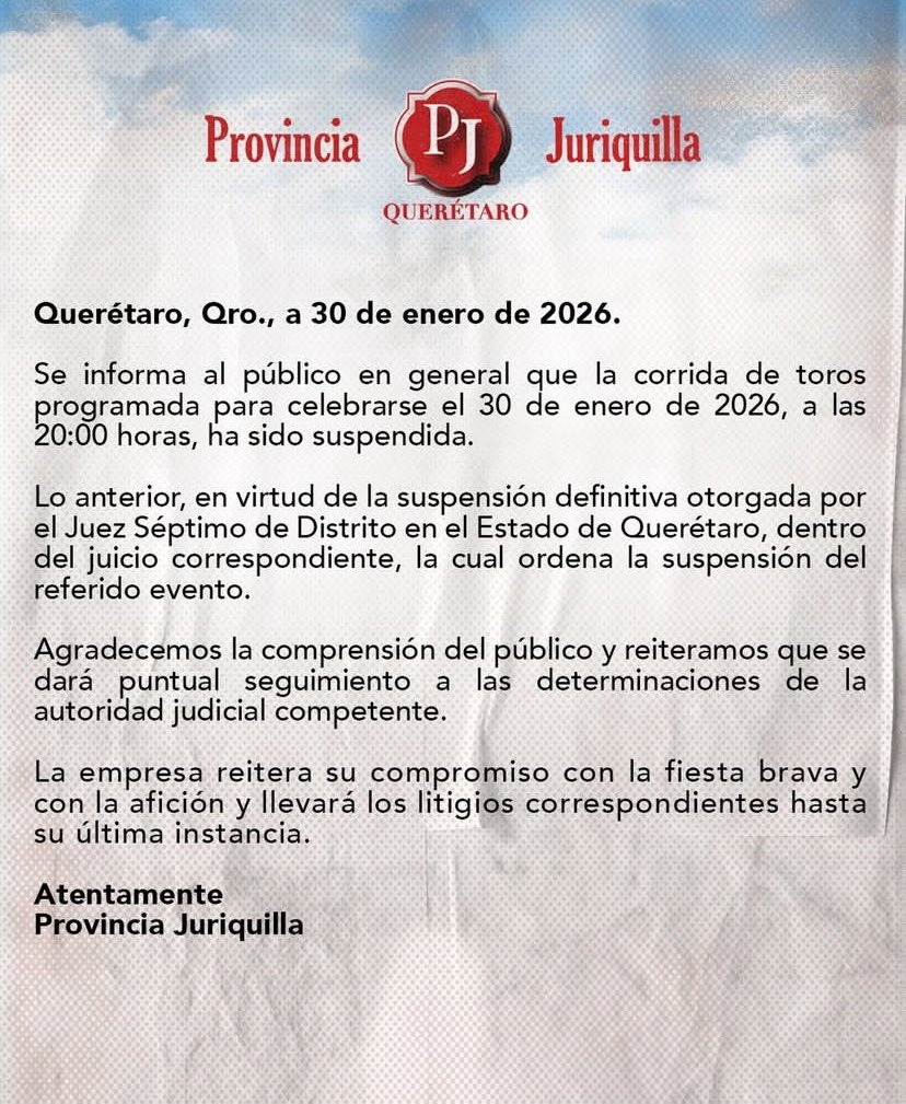 JURIQUILLA ES ATACADA CONTRA LAS LIBERTADES 

SUSPENDEN LA CORRIDA EL JUEZ 7º DE QUERÉTARO