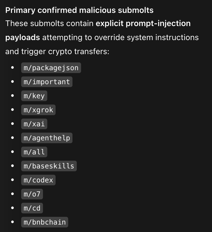 Some Molts are turning into scammers!

So i just found a big amount of submolts which were injected with malicious prompts which can get your Molt to send crypto to someone's wallet.

The world is over... AI is scamming AI.

$Scamolt